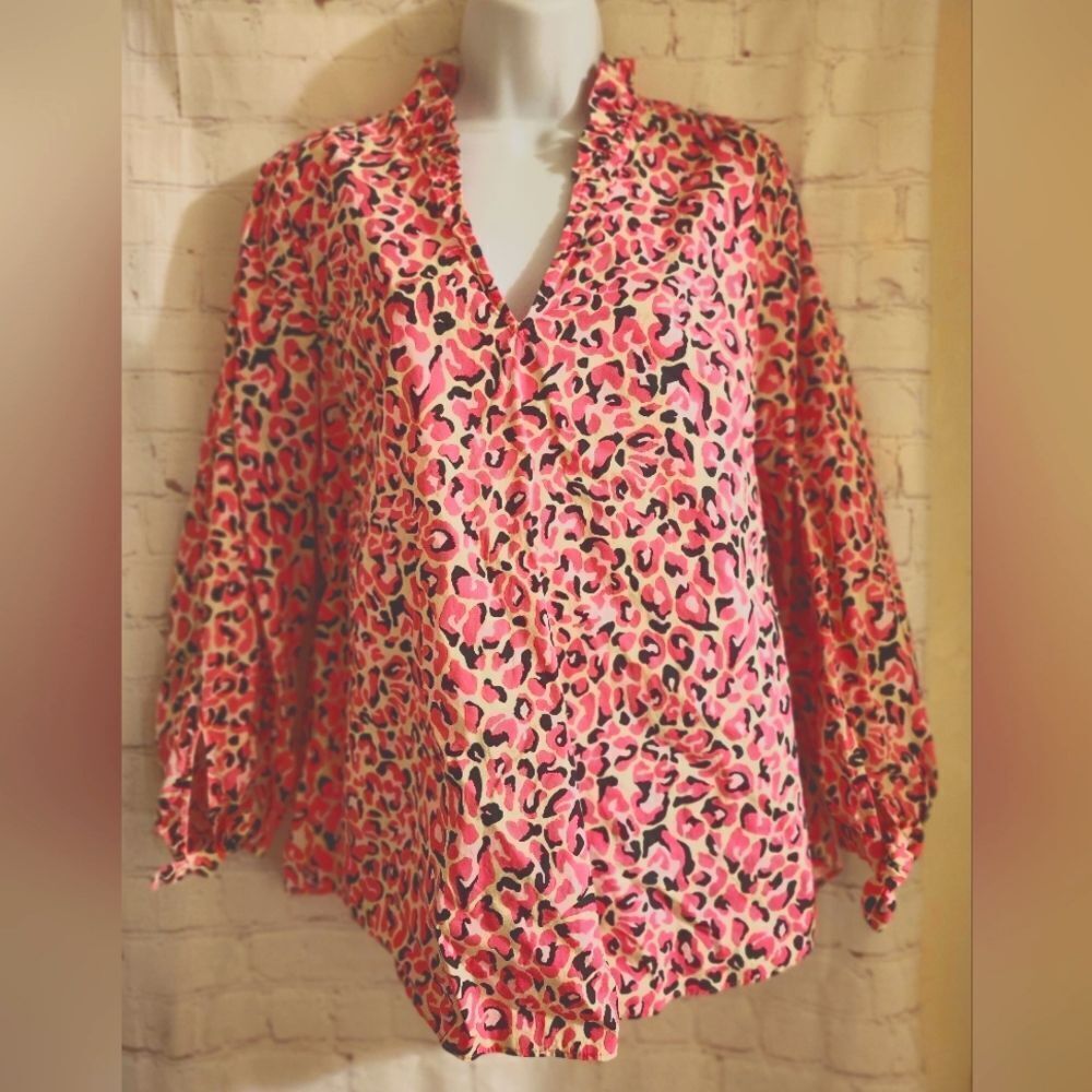 NWT Lilly Pulitzer "Sherida" Pink/Black  Leopard Print Blouse Sz.M Ret $178